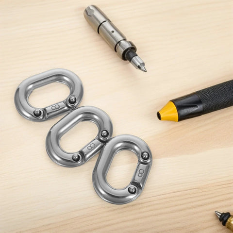 Front view of three 8mm stainless steel screw-lock quick links