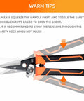 Heavy Duty 9 Inch Multipurpose Scissors With Serrated Edge For Carpet Cardboard Fabric Copper Wire And Tree Branches in open position showing safety lock instructions.