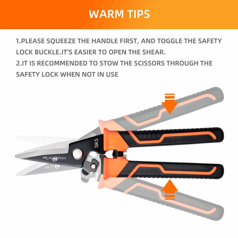 Heavy Duty 9 Inch Multipurpose Scissors With Serrated Edge For Carpet Cardboard Fabric Copper Wire And Tree Branches in open position showing safety lock instructions.