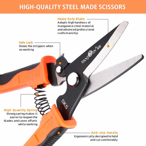 Heavy Duty 9 Inch Multipurpose Scissors With Serrated Edge for Carpet Cardboard Fabric Copper Wire and Tree Branches, close-up
