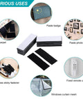Close-up of black Heavy-Duty Hook And Loop Strips With Adhesive Backing in 15 Pack, shown with various mounting uses.