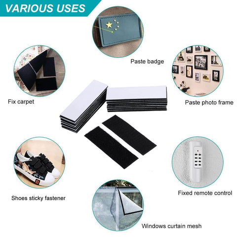 Close-up of black Heavy-Duty Hook And Loop Strips With Adhesive Backing in 15 Pack, shown with various mounting uses.