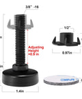 Diagram of Beefy And Adjustable Furniture Levelers Three Eighths Inch UNC Thread Feet showing measurements and steel T-nuts.