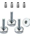 Heavy Duty Adjustable Furniture Levelers 4 Pack By Powertec With Three Eighths Inch By Sixteen Threaded Inserts For Cabinets Benches Tables And More Large Nylon Foot For Stable Furniture shown with metallic inserts and nylon base.