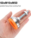 Stable, vibration-damping adjustable leveling feet with anti-slip design held in hand showing size, M10x50mm thread, orange base