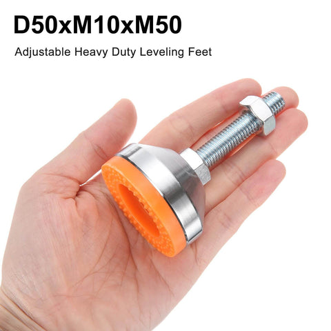 Stable, vibration-damping adjustable leveling feet with anti-slip design held in hand showing size, M10x50mm thread, orange base