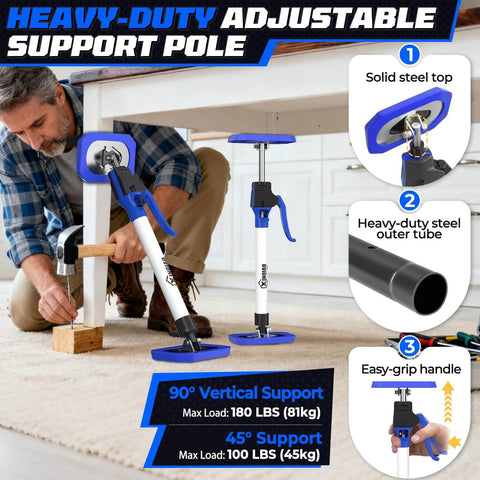 Person using ✝️ Third Hand Tool 3rd Hand Support System, Premium Steel Telescoping Pole with 180 LB Capacity under a table