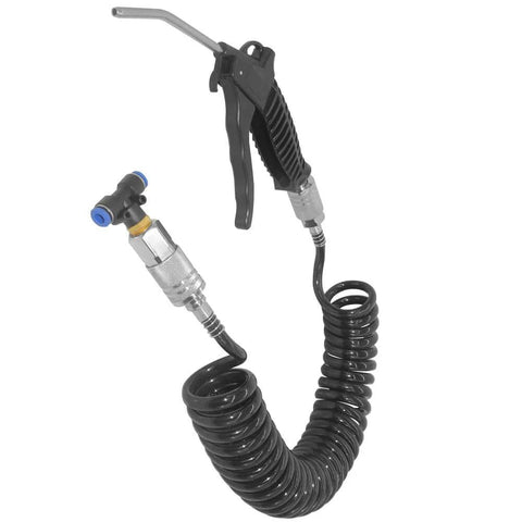 Heavy Duty Air Blow Gun Kit With Sixteen Foot PU Hose For Air Compressor Quick Connect One Quarter Inch High Volume Pro Grade Duster With One Hundred Twenty Millimeter Steel Nozzle Durable PU Line Great For Fast Debris Blowing In The Workshop