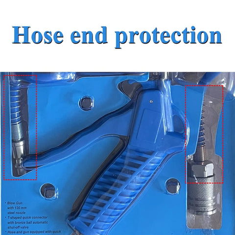 Heavy Duty Air Blow Gun Kit With Sixteen Foot Pneumatic Hose One Quarter Inch Quick Connect And Six Millimeter Outer Diameter packaging