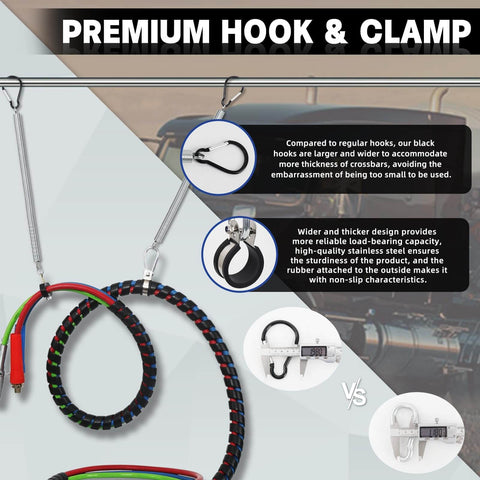 Close-up of Two Pack 20 Inch Tender Spring Kit With Hose Holder And 3 Hole Clamp Holder Heavy Duty Air Line Kit For Semi Truck Trailer And Tractor Two Style Air Line Holders For Tough Road Trips, highlighting premium hook and clamp features.