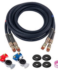 Fifteen Foot Air Line Hose Assembly With One Half Inch NPT Swivel Fittings Heavy Duty Power Hose Set With Spring Guard Grips Dot Fittings On Both Ends And Glad Hands For Semi Truck Tractor Trailer, shown coiled with included accessories.