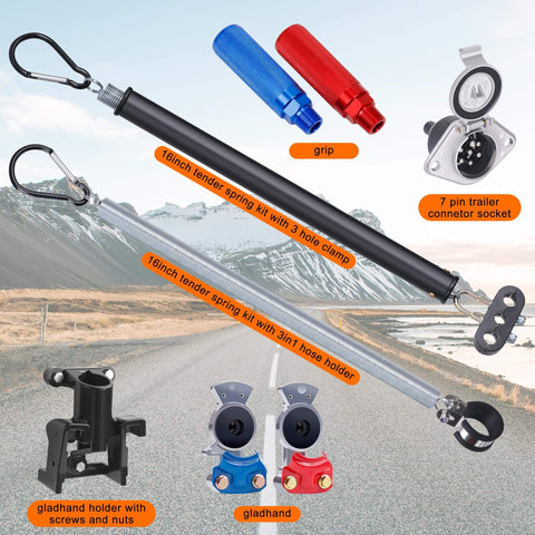 15 Foot Air Line Hose Kit 3 In 1 Heavy Duty Assembly for Truckers and Fleets with Gladhand Holder Extension Handles, shown with components
