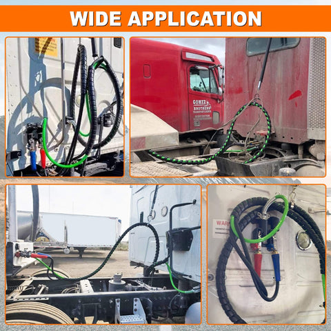 15 Foot Air Line Hose Kit 3 In 1 Heavy Duty Assembly For Truckers And Fleets With Gladhand Holder Extension Handles Tender Spring Kit And 7 Way Trailer Socket displayed on trucks and trailers.