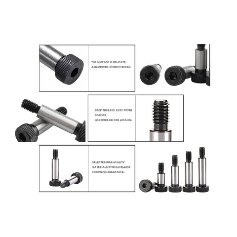 SCXCLY 10pcs alloy steel shoulder bolts, 5/16 in x 1-1/2 in, hex socket, black oxide finish; front/side/close-up.