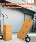 Aluminum Hand Truck Dolly Cart with 10" Pneumatic Tire,Hand Trucks Heavy Duty 600 LBS Capacity transporting boxes outdoors.