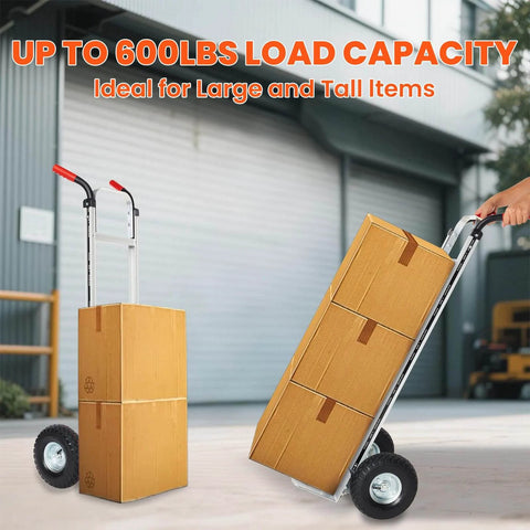 Aluminum Hand Truck Dolly Cart with 10" Pneumatic Tire,Hand Trucks Heavy Duty 600 LBS Capacity transporting boxes outdoors.