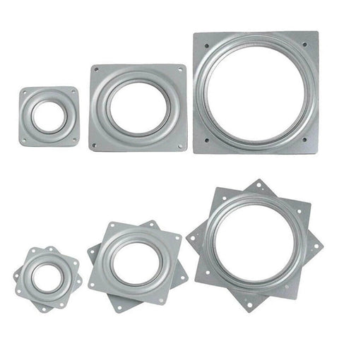 Various sizes of aluminum alloy industrial bearings and swivel plates for display stands and furniture applications.