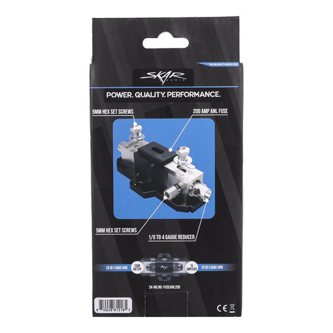 Heavy Duty Inline ANL Fuse Holder With 200 Amp Fuse Included For 1/0 Or 4 Gauge Car Audio Wiring, shown in packaging