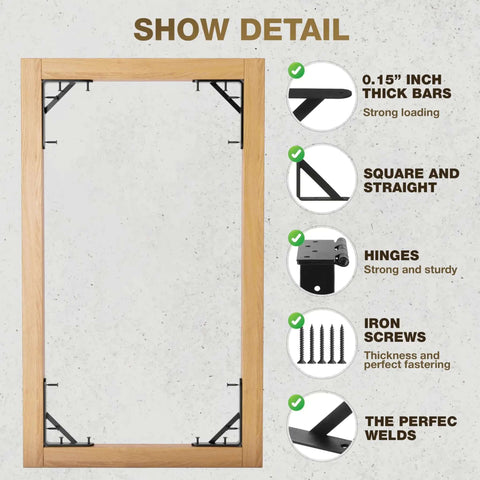 Heavy Duty Anti Sag Gate Kit With 90 Degree Bracket And Hinges For Wooden Fences, showing detailed components and measurements.