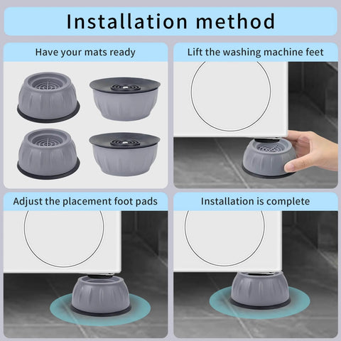 Installation process of Heavy Duty Anti Vibration Pads For Washing Machines And Dryers, Stabilizer Set To Stop Walking And Shaking, Quiet Vibe Dampeners, Riser Feet Pads, 4 Pack.