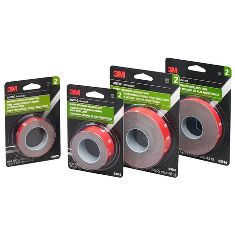 Assorted sizes of Heavy-Duty Automotive Molding Tape 7/8 Inch Wide By 15 Feet, Double-Sided Foam Adhesive in packaging