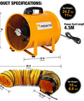 Heavy Duty 12 Inch Cylinder Axial Fan With 25 Foot Vinyl Hose Delivers 2900 CFM Directional Airflow For Crawl Spaces Attics Basements Portable Blower Exhaust Fan Built Tough For Quick Ventilation MOUNTO, showing orange steel fan and hose with specifications.