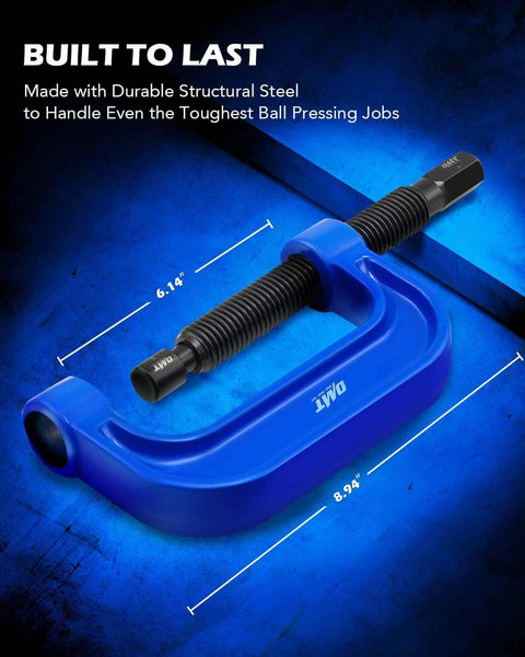 Ball Joint Press Kit Tool with 4x4 Adapters, showcasing durable structural steel and dimensions for 2WD and 4WD cars and trucks
