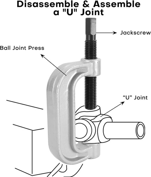 Diagram of Heavy Duty Ball Joint Press Kit With U Joint Removal Tool and 4WD Adapters for disassembling a U joint.