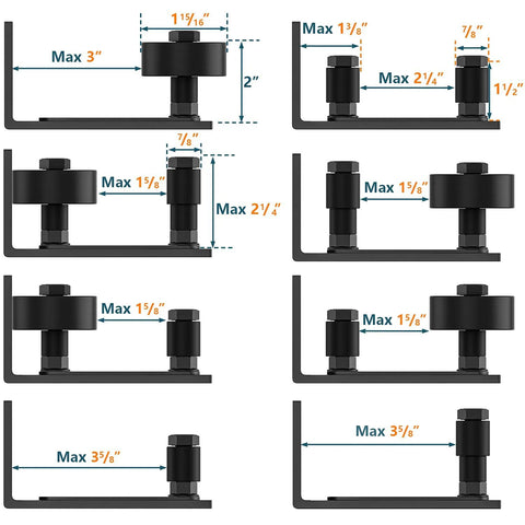 Heavy Duty Sliding Barn Door Floor Guide With Adjustable Rollers And Wall Mount System, Flush Bottom Design, various setups shown