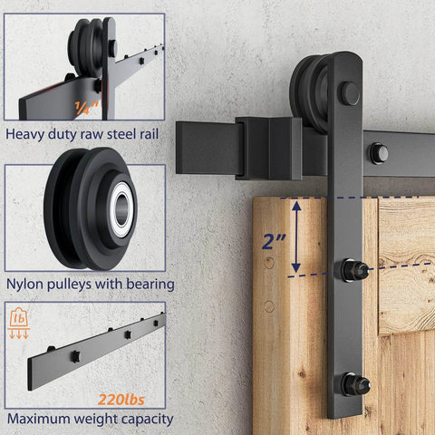 9ft Barn Door Hardware Kit with I shape hanger, heavy duty sliding track system of carbon steel, nylon pulley details shown