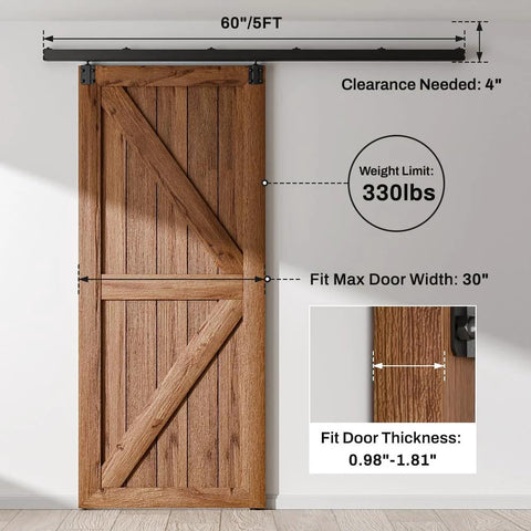 Heavy Duty Box Rail Sliding Barn Door Hardware Kit With Aluminum Alloy Box Rail Track Wall Mount For Single Door Smooth Quiet Operation Easy To Install Fits Doors Up To 30 Inches Wide And 1 To 1.81 Inches Thick Up To 330 Lbs No Door Included installed with wooden barn door.
