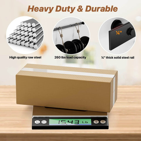 Heavy duty 6.6 FT Sliding Barn Door Hardware Kit with I Shape hanger package on scale showing 154.3 lbs, highlighting load capacity.