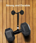 Barn Door Lock Gate Latch - 2 Pack 4 Inch Black Hook and Eye Latch demonstrating heavy duty strength with a dumbbell on wooden background.