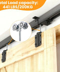 2Pcs Wheel Trolley Assembly Barn Door Rollers for 1-3/4" wide and 2-1/4" or taller rail installed on barn door showing load capacity
