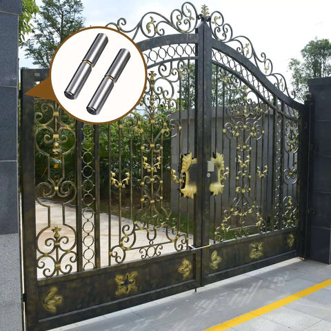 Ornate metal gate with inset image of 40 Pack Weldable Barrel Hinges Two And A Half Inch By Three Eighth Inch Heavy Duty Weld On Bullet Hinges