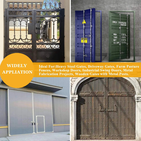 Various heavy-duty gates showing applications of Barrel Gate Hinges 4 Pack 2 Inch By Five Eighth Inch Detachable Pin With Brass Washer.