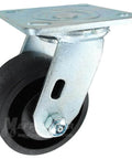 Heavy Duty Baxter Caster in steel housing, side view showing black wheel and mounting plate for industrial kitchen use.