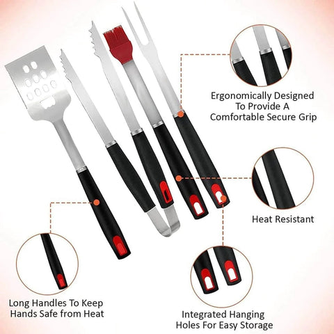 Heavy-Duty Tool Set,Stainless Steel Heat-Resistant Accessories,Non-Slip Handle,Outdoor Camping tools with long handles and hanging holes