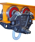 Beam Trolley With Side Guide Rollers. Heavy Duty 3/4 Ton 1,500 Pounds Capacity. Industrial Grade Conveyor Trolley shown installed on beam