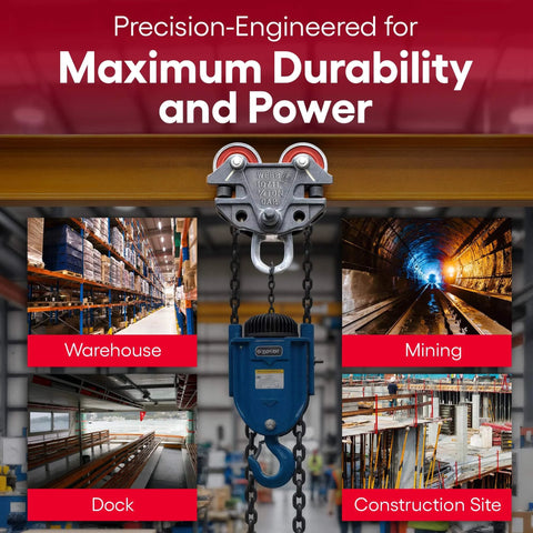 Beam Trolley With Side Guide Rollers, Heavy Duty 3/4 Ton 1,500 Pounds Capacity showcased in warehouse, mining, dock, construction.