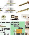 Heavy Duty Double Headed Bear Claw Picture Hanging Screws Set by Laffeya, installation and weight capacity details displayed.