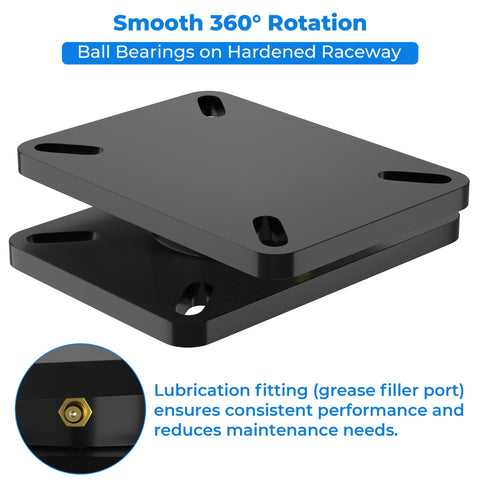 Greaseable 5000 Lb Rating Heavy Duty Bearing Plate Turntable with black steel kingpinless design, lubrication fitting shown