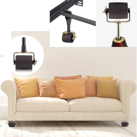 Heavy Duty Bed Frame Wheels Rollers With Brakes For Replacement Parts, showing bed caster attached to sofa leg for mobility.