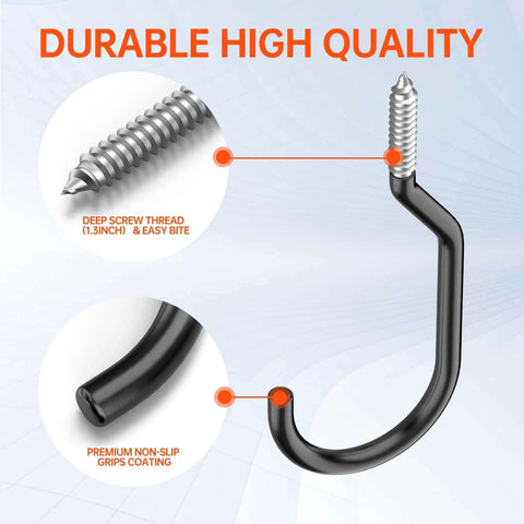 Close-up of 8 Pack Heavy Duty Bike Hooks for Garage Wall and Ceiling, showing deep screw thread and non-slip PVC coating.