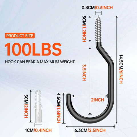 Diagram of 8 Pack Heavy Duty Bike Hooks for Garage Wall and Ceiling, 100 Lbs Load Capacity, showing dimensions and design features.