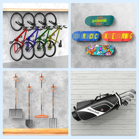 8 Pack Heavy Duty Bike Hooks for Garage Wall and Ceiling, with bikes and garden tools mounted, demonstrating load capacity and easy installation