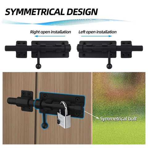 Built Tough Heavy Duty 6.3 Inch Barrel Bolt Latch Sliding Gate Lock 304 Stainless Steel Black Finish shown installed on door