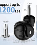 2 Inch Ball Caster Wheels Stem Casters Set Of 4 Heavy Duty 1200 Lb Capacity 360 Degree Swivel Non Marking Polyurethane Black Replacement Castors For Furniture Cabinets Carts And Coffee Tables Premium Black with dimensions shown