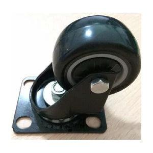 Close-up of a 2-inch heavy duty black caster wheel with a metal plate, designed for smooth motion and stable alignment in automation systems.