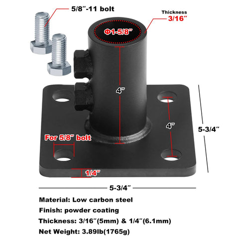 Heavy Duty Black Chain Link Fence Post Floor Flange Base Fits 1-5/8 Inch OD Posts 5-3/4 By 5-3/4 Inch Plate with bolts